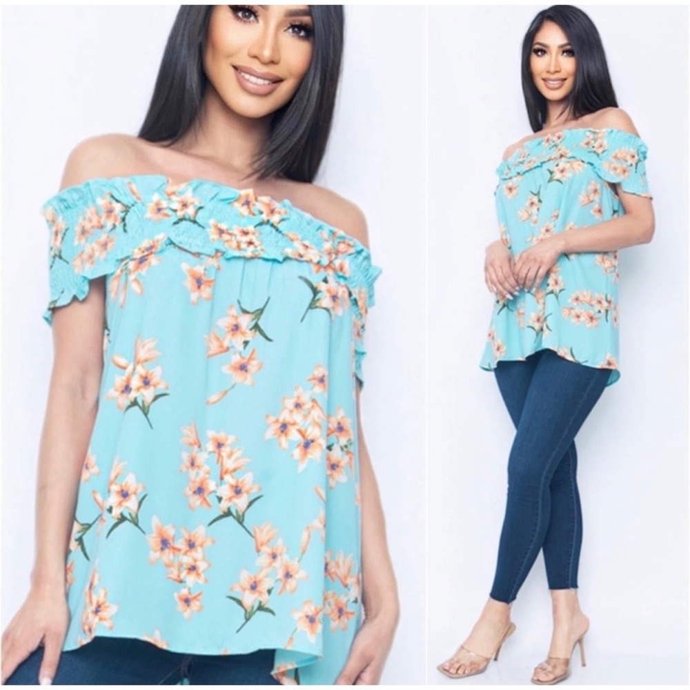 2 LEFT! Aqua Peach Floral Off Shoulder Flowy Cute Summer Spring Top - Picture 2 of 3